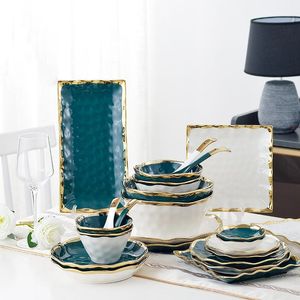 Wholesale dinner dishes sets resale online - Creative Green White Ceramic Dinner Plates Bowls Dishes Golden Rim Retro Tableware Dinnerware Set Luxurious Porcelain P