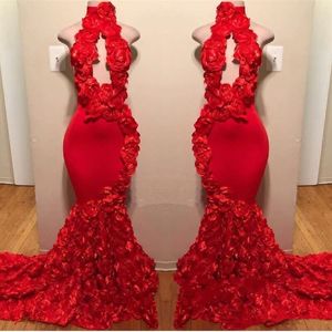 Projektowanie Halter Red Mermaid Prom Dresses Aplikacje Sexy Formal Sukienka Sweet Sweep Satin Fashion Cocktail Party Suknie