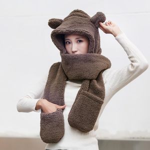 passende handschuhe und schal großhandel-Schals Eine Reihe von Winterbären Plüsch Schal Handschuhe Hut für Frauen dicke feste Farbe warmes Kapuzen mit Mithandschuhen