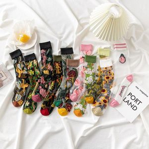 Skarpety Hosiery Francja Hipster Design Szklany Jedwab Kwiatowy Ptak Śmieszne Kobiety Przezroczyste Streetwear Art Sokken Jacquard Calcetines Divertidos