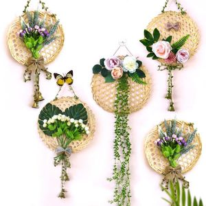 Decorative Flowers Wreaths DIY Handmade Artificial Flower Bamboo Net Bell Hanging Pendant Living Room Home Decorations