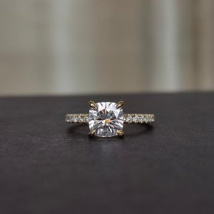 Cluster Rings DovEggs K Yellow Gold ct mm F Color Cushion Cut Moissanite Engagement Half Band Accent