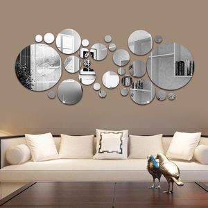 yansıtılmış fayanslar toptan satış-Duvar Çıkartmaları adet D Ayna Sticker Yuvarlak DIY TV Arka Plan Odası Dekor Yatak Odası Banyo Ev Dekorasyon