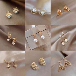 S925 Silver Needle Diamond Pearl Bear Ear Stud Women Fashion Jewelry Dangle Earrings Wedding Small Drop Accessories