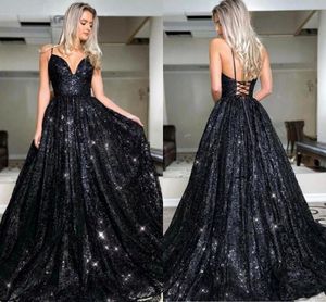 Charmante zwarte pailletten avondjurken sexy v hals backless a line prom jurken spaghetti riemen partij jurk vloerlengte