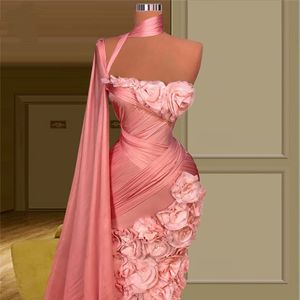 prometida al por mayor-Blush Pink Un hombro Vestidos de noche largos Robe de Soiree Couture Flores D Celebridad Vestidos de fiesta Dubai Batas de fiesta