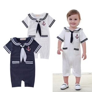 Baby Toddler Boys Girls Sailor Costume Suit Short Sleeve Stripe Romper Grow Outfit Summer White Navy Onesie Outfit X0509