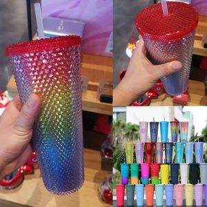 persönliche flaschen großhandel-DHL oz personalisierte Becher schillernde Bling Rainbow mit kaltgeschütteltem Becher Kaffee Wasser Flasche mit Strohhalm auf Lager