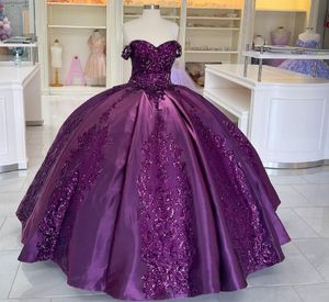 Sexy Dark Purple Ball Gown Quinceanera Prom Dresses Bling Sequined Lace Patterned Applique Off Shoulder Formal Corset XV Evening party dress Vestidos Anos