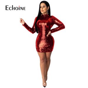 красное блестящее платье с блестками оптовых-Sparkly Sequin Sexty Backbloet Bodycon мини платье женщин с длинным рукавом плотно установленные черные красные платья женщины вечеринка ночной клуб Outfits Q0707