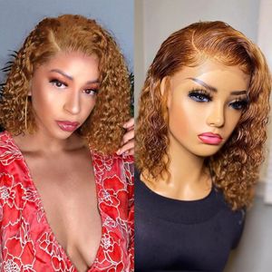 wigs closures toptan satış-Renk Kısa Kıvırcık Bob Peruk Dantel Ön İnsan Saç Kadınlar Için Brezilyalı Bal Sarışın Kinky Curl Sentetik Kapatma Frontal Peruk