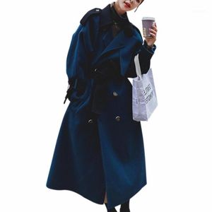 gökyüzü mavi yün ceketi toptan satış-Kadın Yün Karışımları Varış Kış Moda Kadınlar Yün Ceket Mavi Gökyüzü Uzun Kollu Vintage Stil Palto
