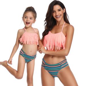 Mamma dotter bikini mamma flicka outfits blommig tryck simning kläder tofs kvinnor barn baddräkt familj match baddräkt badande beachwear h1