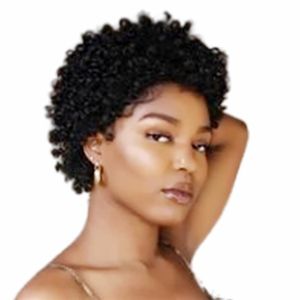 lutin perruques afro-américain achat en gros de Petite perruque d Afro américaine pour les cheveux humains pour femmes noires Machine Fabrication d Afro Kinky Curly Femme Pixie Cut None Dentelle Perruques avant