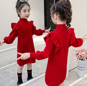 çocuk turk boynları toptan satış-Noel Kızlar Kırmızı Örgü Elbiseler Sonbahar Kış Çocuk Falbala Fly Kollu Balıkçı Yaka Örme Elbise Çocuk Kazak Giyim A7839