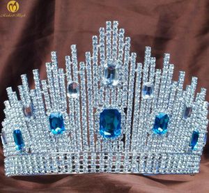 Haarklemmen Barrettes Blauw Crystal Miss Universe Pageant Tiaras Large Crowns Clear Rhinestone Headpiece Bruiloft Bridal Prom Party Costumes