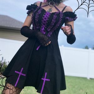 Party Dresses Gothic Bandaż Cross Black Dress Vintage Estetyka Sexy Halter Gorset A Line Grunge Odzież Wróżka Mini