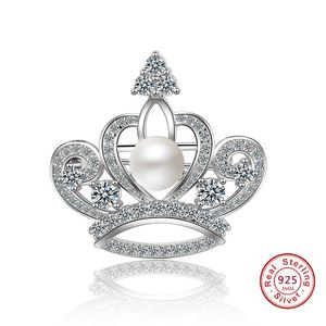 gümüş taç broş toptan satış-Basit Stil S925 Prenses Kadınlar Için Taç Ayar Gümüş Broşlar Eşarp Kravat Cerken Düğün Toka Broş Pins Takı