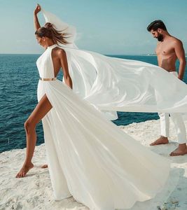 Prosta sukienka ślubna na plaży Sexy Backless Line Ivory Szyfonowa Suknie ślubne Wysokiej szyi Długa sukienka Formalna Party Vestido de Noiva Mariage