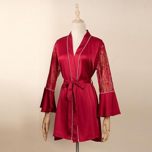 Dames Slachtkleding Satijn Rode Robe Sexy Kant Kimono Jurk Zomer Holle Badjas Vrouwelijk Zijdeachtig huis Draag intieme lingerie