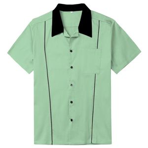 camisa bowling al por mayor-Camisas casuales de los hombres Vession Grey Brown Green Men Shirt ST118 Cotton Button Up Classic Retro Bowling Plus Tamaño Manga corta