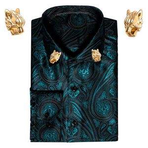 camisa do colar do ouro venda por atacado-Barry Wang Teal Paisley Silk Shirts Homens Manga Longa Casual Camisas Para Homens Designer Fit Dress Camisa Gold Leopard Collar Pin1