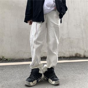 Heren jeans Harajuku inkt geschilderd High Street White voor mannen en vrouwen geripte rechte losse casual denim broeken