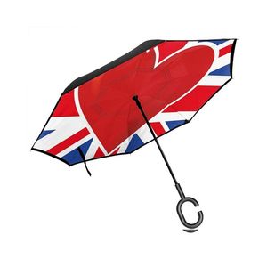 Parasole samochód odwracający parasol flaga brytyjska krajowa duma koncepcja z dużym czerwonym sercem uchwyt w kształcie litery C parasol