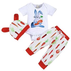 детские пасхальные наряды оптовых-Newborn месяцев Пасхальный кролик ползунок младенцев младенца с коротким рукавом кролик комбинезон шансы шляпа морковь спортивные брюки хип хоп шт Бутик