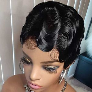 cute human hair wigs toptan satış-Dantel Peruk Crelsel Brezilyalı Kısa Pixie Kesim İnsan Saç Gerçekten Sevimli Parmak Dalgalar Siyah Kadınlar Için Saç Modelleri Tam Makine