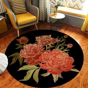 Tapijten Chinese stijl retro rode bloem zwart ronde tapijt woonkamer salontafel mat antislip decoratieve vloer