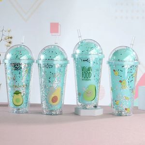 Creative double layer plastic sippy tumbler with lights LED Avocado tumblers Cup hot selling water cup