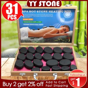aquecedor de pedra quente de massagem venda por atacado-Tontin Set Hot Stone Massage Set Tool Basalt Massagem Pedras V V Caixa de Aquecedor de Bambu CE Rohs Round Stone Massager