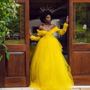 Dorywczo sukienki ładne ogród Żółty Tulle Kolorowe Kobiety Wedding Party Illusion Pełne Rękawy ASO EBI A Line Prom Suknie Afrykańska Dress