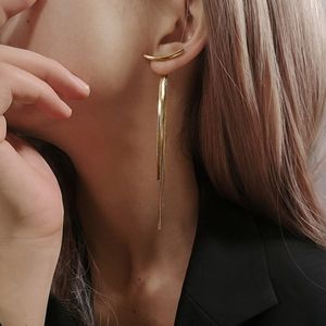 Vintage Gold Color Bar Long Thread Tassel Drop Earrings Stud for Women Glossy Arc Korean Earring Fashion Jewelry