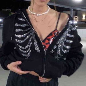 siyah ceket rhinestones toptan satış-Zip Up Gotik Siyah Hoodies Y2K Rhinestone Streetwear Kadınlar Sonbahar Kış Boy Tişörtü Retro Grunge Punk Kapüşonlu Ceket G1102