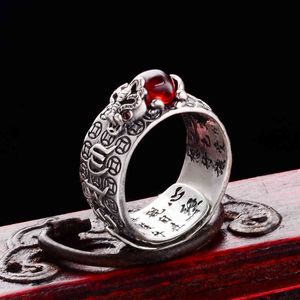 925 Sterling Silver Old Silver Handcrafted Mink Hjärtring Mäns Mode Individuell Öppna Ring Med Garnet Ring Smycken