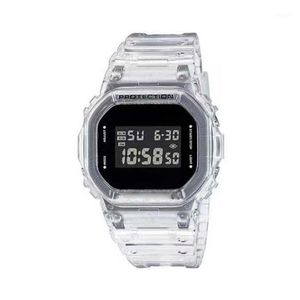 Armbandsur Högkvalitativ G Transparent Watchband Male Watch LED Elektronisk Digital Is med Världstid Small Square Clock