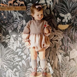 çocuklar için organik pamuklu kıyafetler toptan satış-Kore Avustralya Büyük Kalite Sonbahar Bebek Çocuk Tulum Organik Keten Pamuk Ruffles Yaka Tulumlar Yenidoğan Onesies Bezleri Tırmanma Q2