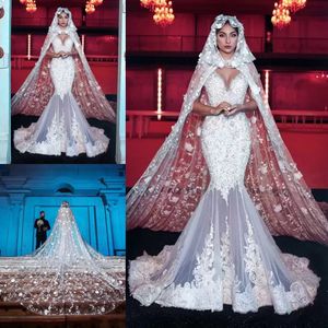 плюс размерные свадебные накидки оптовых-Роскошные мусульманские русалки свадебные платья с накидкой V образным вырезом Кружева Кружева Crystal Bridal Plasss Saudi Arabic Dubai Plus Размер Vestido De Novia Custom