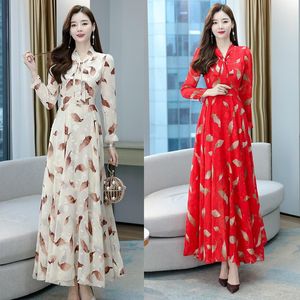 Wholesale womens dresses big size for sale - Group buy Casual Dresses Long Dress Printed Chiffon Slim Long sleeved Beach Big Size Red Black Apricot Women Clothes