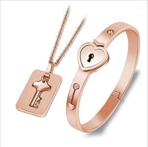 Fashion Concentric Lock Key Titanium Steel Stainless Jewelry Bracelet Necklace Couples Set Gifts For Men And Women Bangle