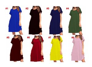 LU Post Kobiety Maxi Dress Summer Casual V Neck Solidne Długie Kieszenie Modne Krótki Rękaw Loose Female Vestidos Plus Size