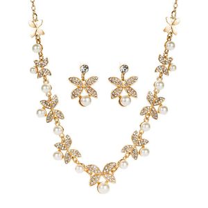 Wholesale pearl sets for brides for sale - Group buy 2021 Bride Zircon Leaf Butterfly Modeling Inlaid Pearl Diamond Earrings necklace Two Piece jewelry sets for women