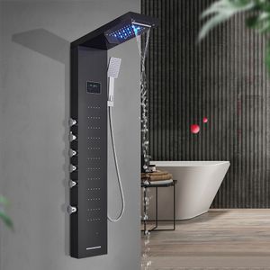 Großhandel LED-Duschkanal-Säule schwarz gebürstete Nickel-Badewanne-Mischbatterie-Badezimmer-Wasserhahn mit Temperatur-Bildschirm