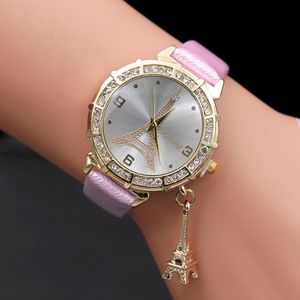 paris saati toptan satış-Saatı Charm Saatler Moda Paris Eyfel Kulesi Kadınlar Pembe Deri Bant Kuvars Saat Relogio Feminino Reloje Mujer