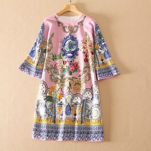 Wholesale pink spring nails for sale - Group buy European and American women s wear for spring Round neck five quarter sleeves Palace flower print nail bead Pink Dress