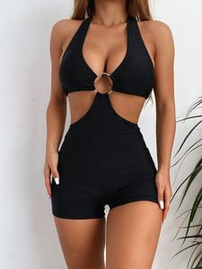 seksi büyük kısa siyah kadınlar toptan satış-Tek parça Takım Elbise Seksi Tek Parça Bikini Kadınlar Siyah Hollow Out Mayo Kayışı Halter Beachwear Büyük Göğüsler Şort Kadın Mayo Zarif