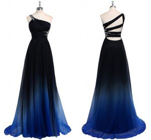 2022 Ombre Gradiant Color Evening Dresses One shoulder Empire Waist Chiffon Black Royal Blue Designer Long Cheap Prom Formal Pageant Dress