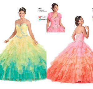 Modieuze kleurrijke quinceanera jurken hete baljurk Sweetheart kant up kralen kristallen lagen vloer lengte tule prom jassen
